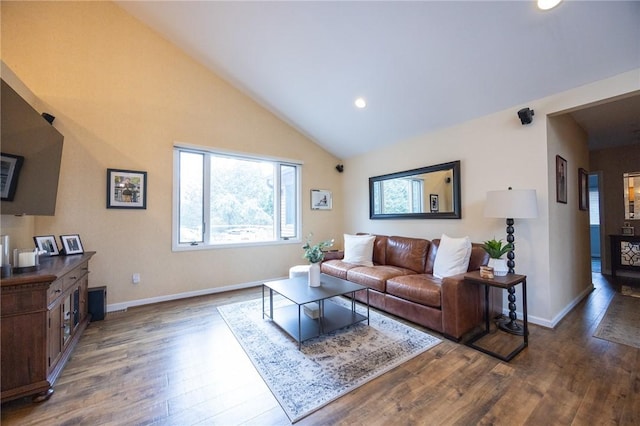 living room featuring dark hardwood / wood-style floors and high vaulted ceiling