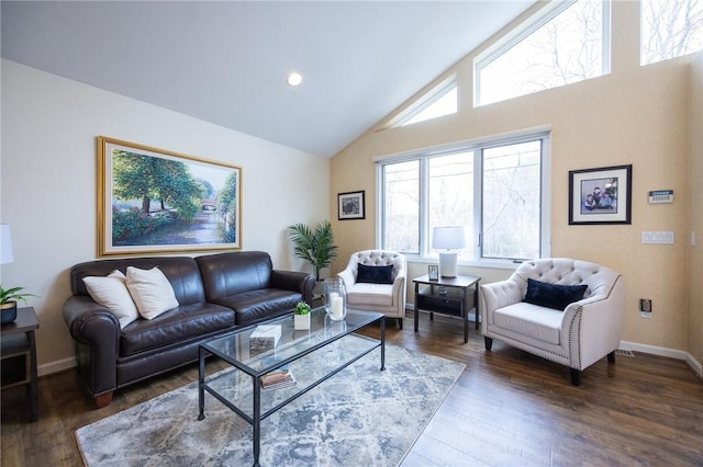 living room featuring dark hardwood / wood-style flooring and high vaulted ceiling