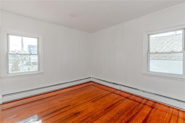 unfurnished room featuring hardwood / wood-style flooring and a baseboard radiator