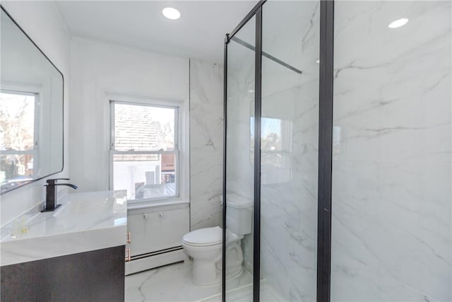 bathroom featuring walk in shower, a baseboard radiator, vanity, and toilet