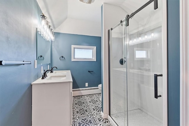 bathroom with baseboard heating, toilet, an enclosed shower, and vaulted ceiling