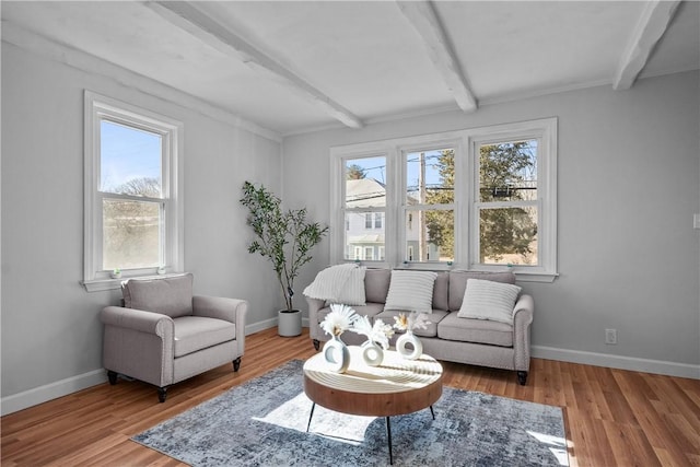 living room with beamed ceiling and hardwood / wood-style floors