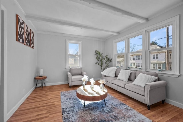 living room featuring ornamental molding, light hardwood / wood-style floors, and beamed ceiling