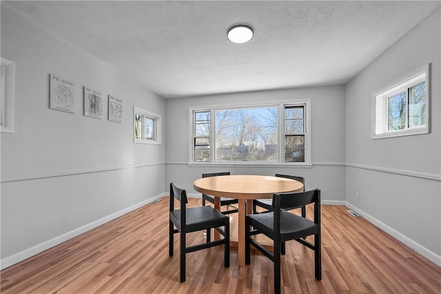 dining space with a wealth of natural light, light hardwood / wood-style floors, and a textured ceiling