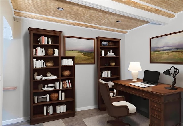 home office with dark wood-type flooring, crown molding, and wooden ceiling