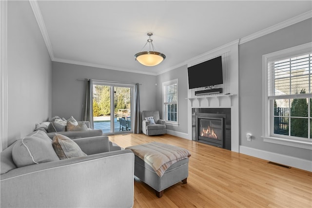 living room featuring crown molding and hardwood / wood-style flooring