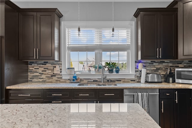 kitchen with stainless steel appliances, sink, dark brown cabinetry, and decorative backsplash