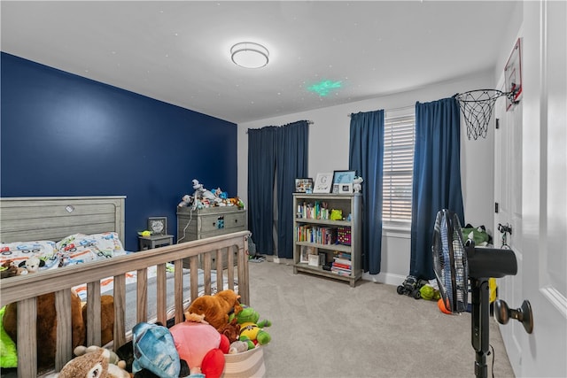 bedroom with light carpet