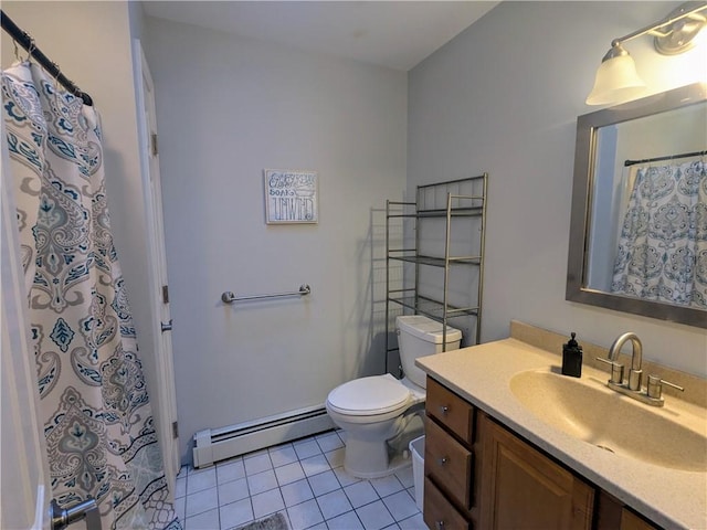 bathroom with curtained shower, a baseboard radiator, tile patterned flooring, vanity, and toilet