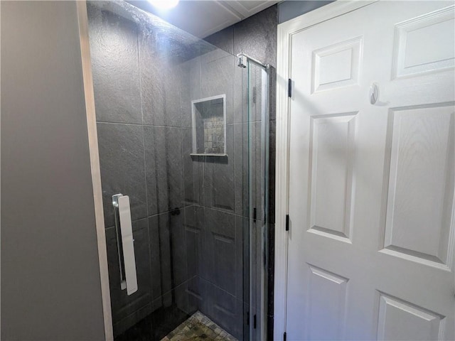 bathroom with a shower with shower door