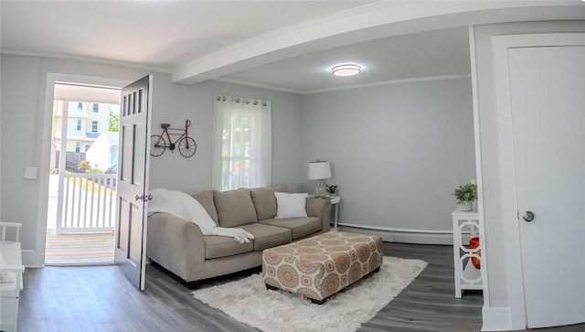 living room featuring ornamental molding, wood-type flooring, and baseboard heating