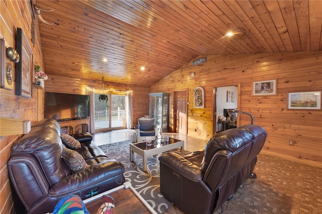 living room featuring wood ceiling, vaulted ceiling, and wooden walls