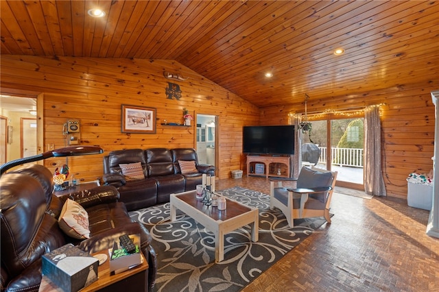 living room with wood ceiling, lofted ceiling, and wood walls