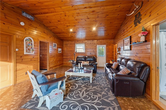 living room with wooden walls, vaulted ceiling, and wooden ceiling