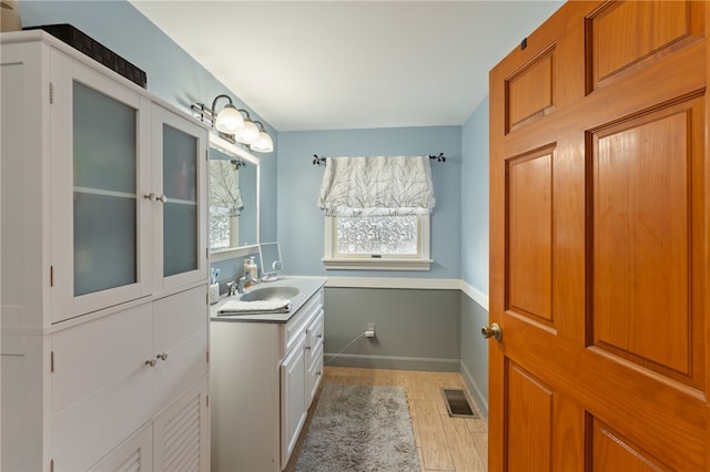 bathroom with vanity and wood-type flooring