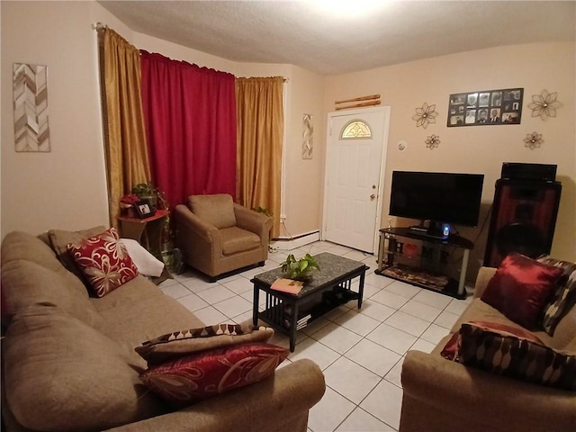 tiled living room with baseboard heating