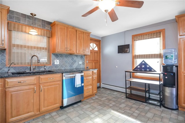 kitchen featuring sink, dishwasher, dark stone countertops, tasteful backsplash, and decorative light fixtures