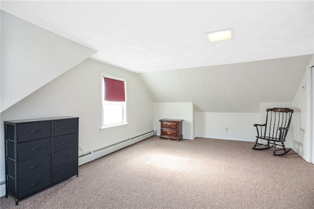 bonus room with lofted ceiling, a baseboard heating unit, and carpet flooring