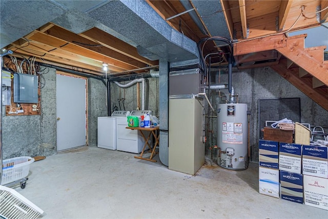 basement with independent washer and dryer, electric panel, heating unit, and gas water heater