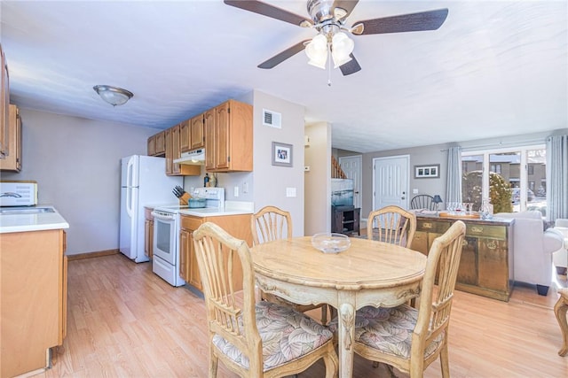 dining room featuring sink, light hardwood / wood-style floors, and ceiling fan