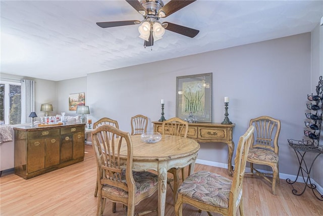 dining space featuring ceiling fan and light hardwood / wood-style flooring