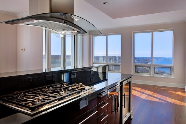 kitchen with dark brown cabinetry, cooktop, a water view, dark hardwood / wood-style floors, and island exhaust hood