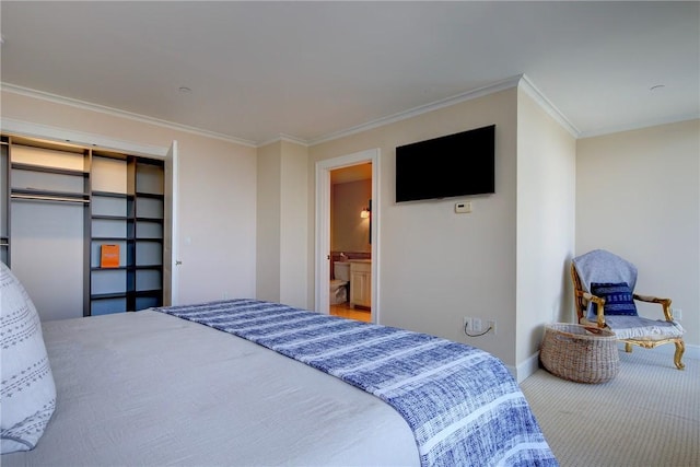 bedroom featuring carpet floors and ornamental molding