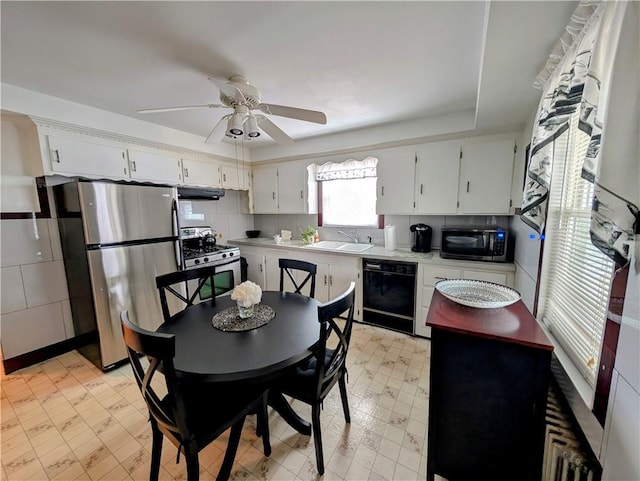 kitchen featuring tasteful backsplash, white cabinetry, sink, ceiling fan, and stainless steel appliances