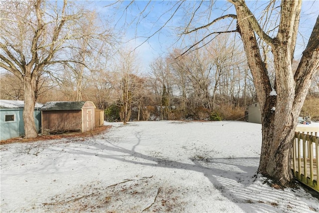 yard covered in snow with a shed