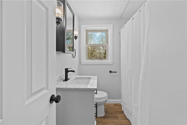 bathroom with vanity, wood-type flooring, and toilet