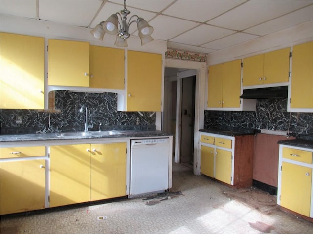 kitchen featuring a drop ceiling, sink, backsplash, and dishwasher