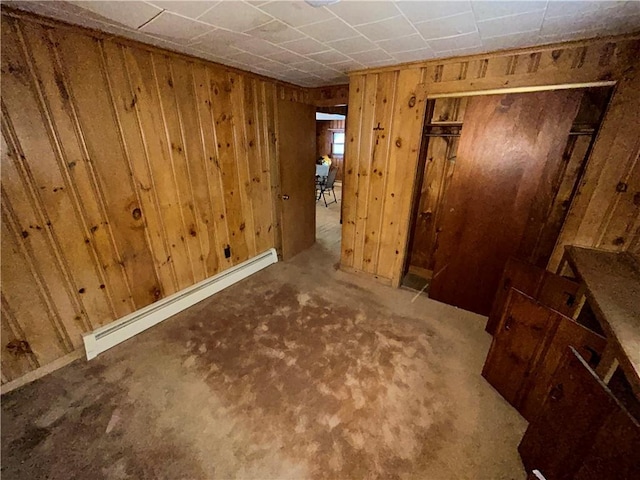 interior space with a baseboard radiator and wood walls