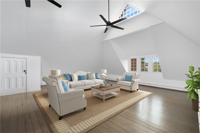 living room featuring ceiling fan, wood-type flooring, high vaulted ceiling, and a baseboard heating unit