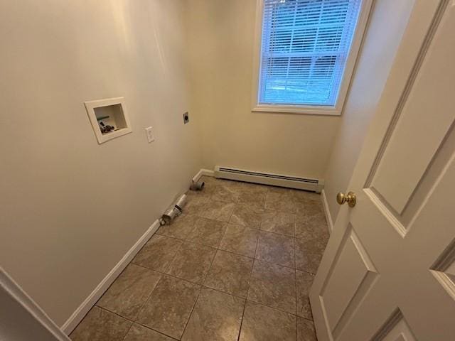 laundry area with a baseboard radiator, tile patterned floors, hookup for a washing machine, and electric dryer hookup