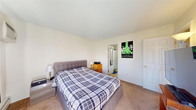 carpeted bedroom featuring a baseboard radiator and a wall mounted AC