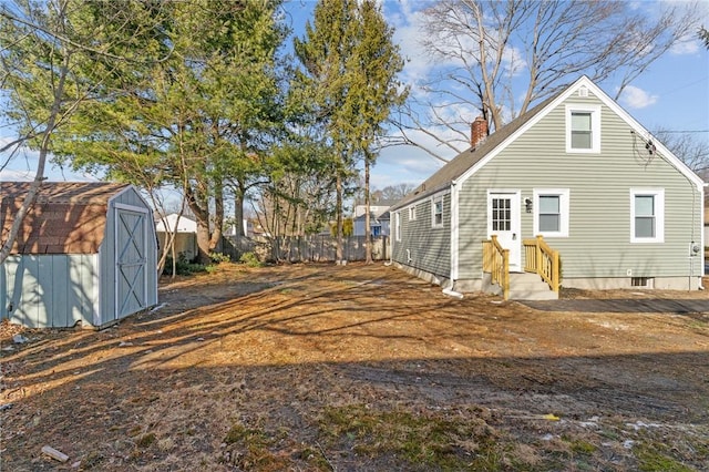 exterior space with a shed