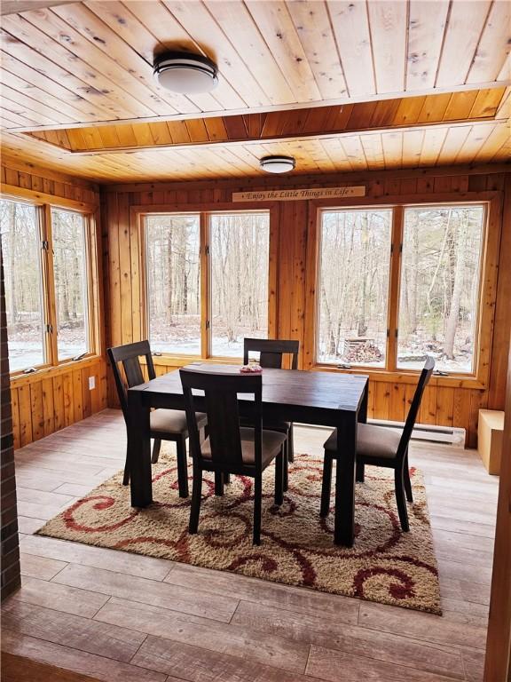 dining space featuring wooden walls, light hardwood / wood-style floors, and wooden ceiling