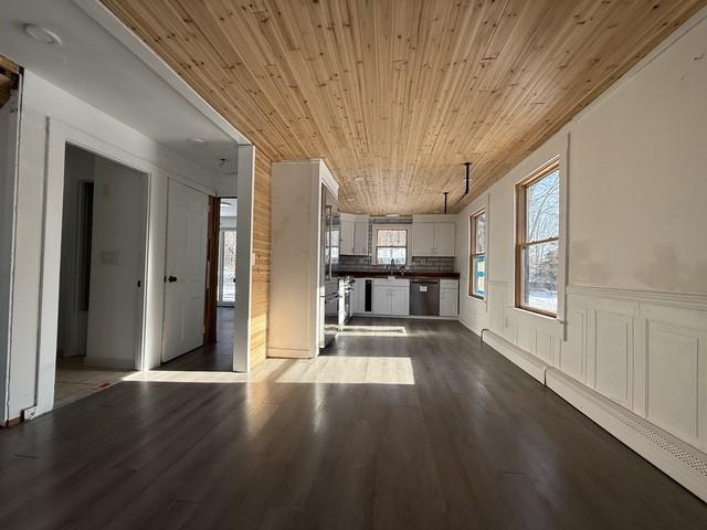 unfurnished living room featuring dark hardwood / wood-style floors, sink, and wood ceiling