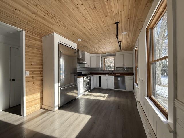 kitchen with decorative light fixtures, high quality appliances, white cabinetry, dark hardwood / wood-style flooring, and wooden ceiling