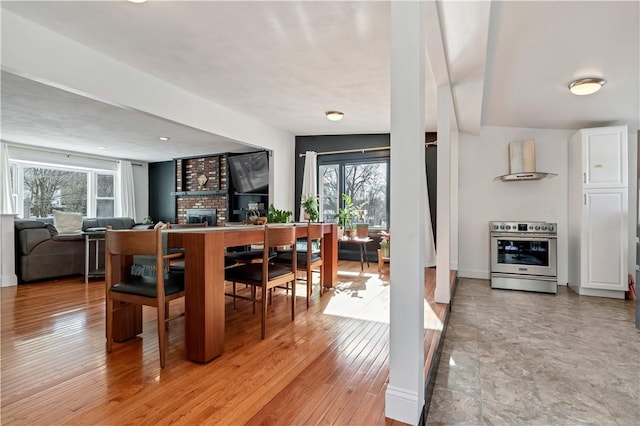 dining room featuring a fireplace, a healthy amount of sunlight, and light wood-type flooring