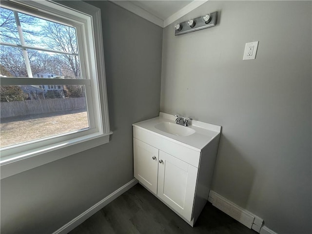 bathroom with hardwood / wood-style flooring and vanity