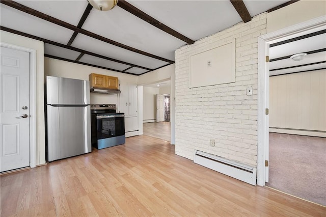 kitchen featuring stainless steel appliances, light wood-type flooring, baseboard heating, brick wall, and beam ceiling