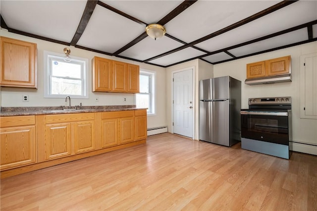 kitchen with a baseboard radiator, stainless steel appliances, sink, and light hardwood / wood-style flooring