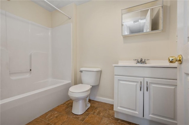 full bathroom featuring vanity, bathing tub / shower combination, and toilet