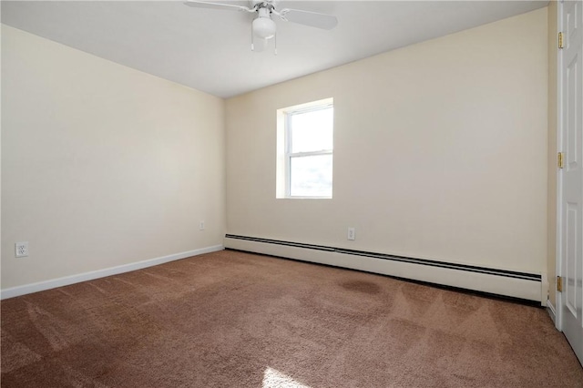 empty room with ceiling fan, carpet floors, and baseboard heating