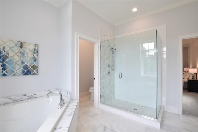 00 Tipping Rock Dr, East Greenwich, RI 02818 - bathroom featuring ornamental molding, toilet, and separate shower and tub