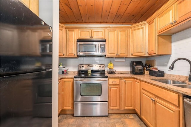 kitchen featuring tasteful backsplash, appliances with stainless steel finishes, sink, and wood ceiling