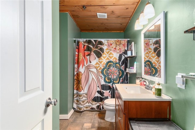 bathroom featuring vanity, walk in shower, wood ceiling, and toilet