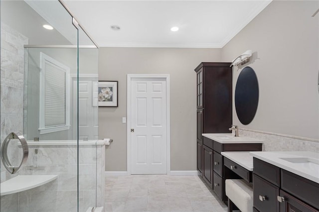 full bath with a stall shower, baseboards, crown molding, vanity, and recessed lighting