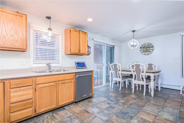 kitchen featuring dishwasher, sink, a notable chandelier, and decorative light fixtures